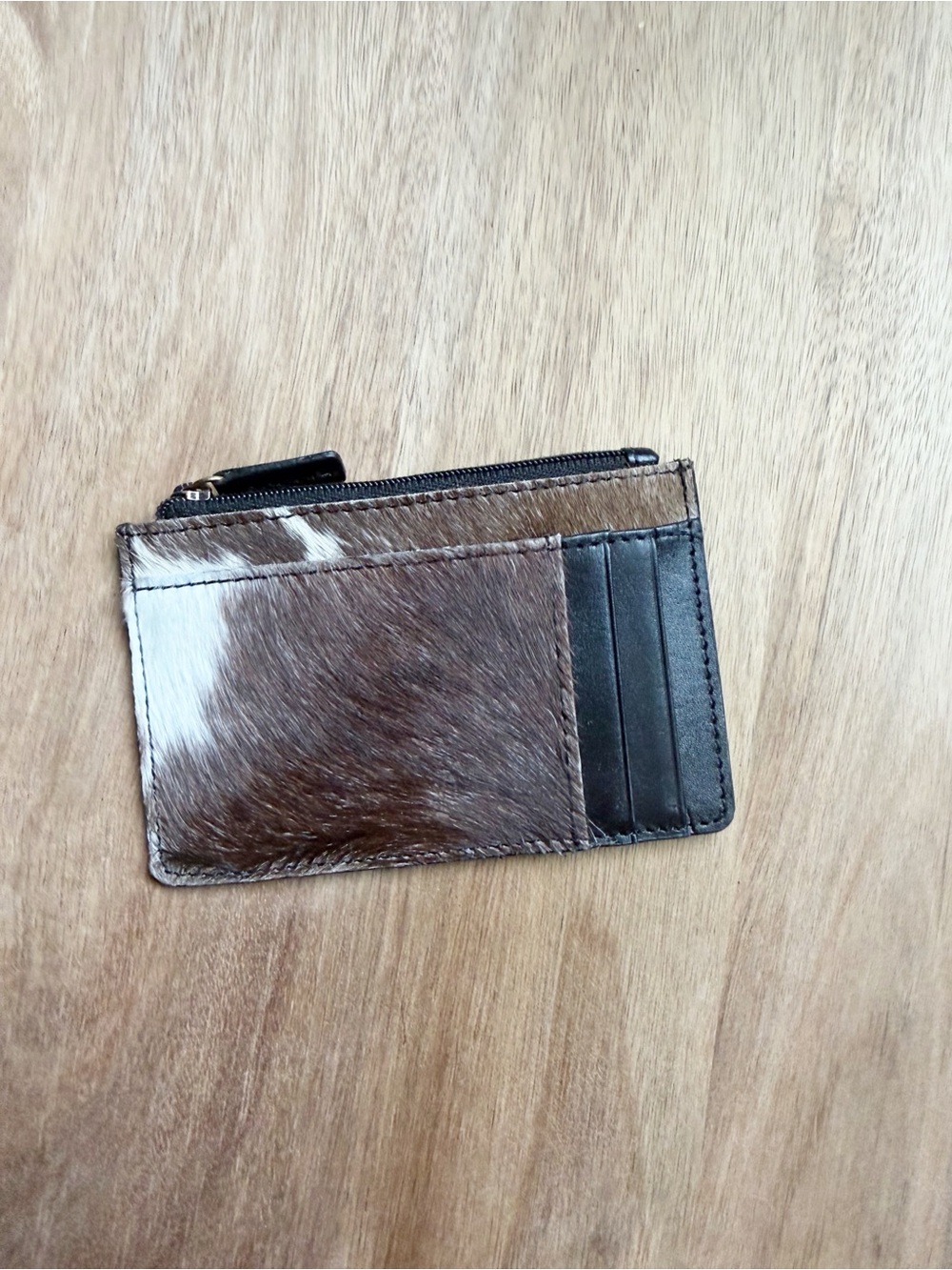 Brown Hair-On Leather Card Holder Wallet with Black Trim